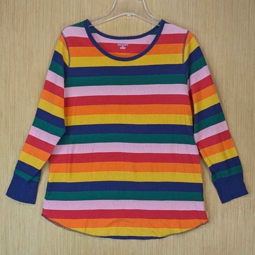 Old Navy Women 2X Rainbow Stripe Waffle Knit Thermal Long Sleeve Top Multi-Color